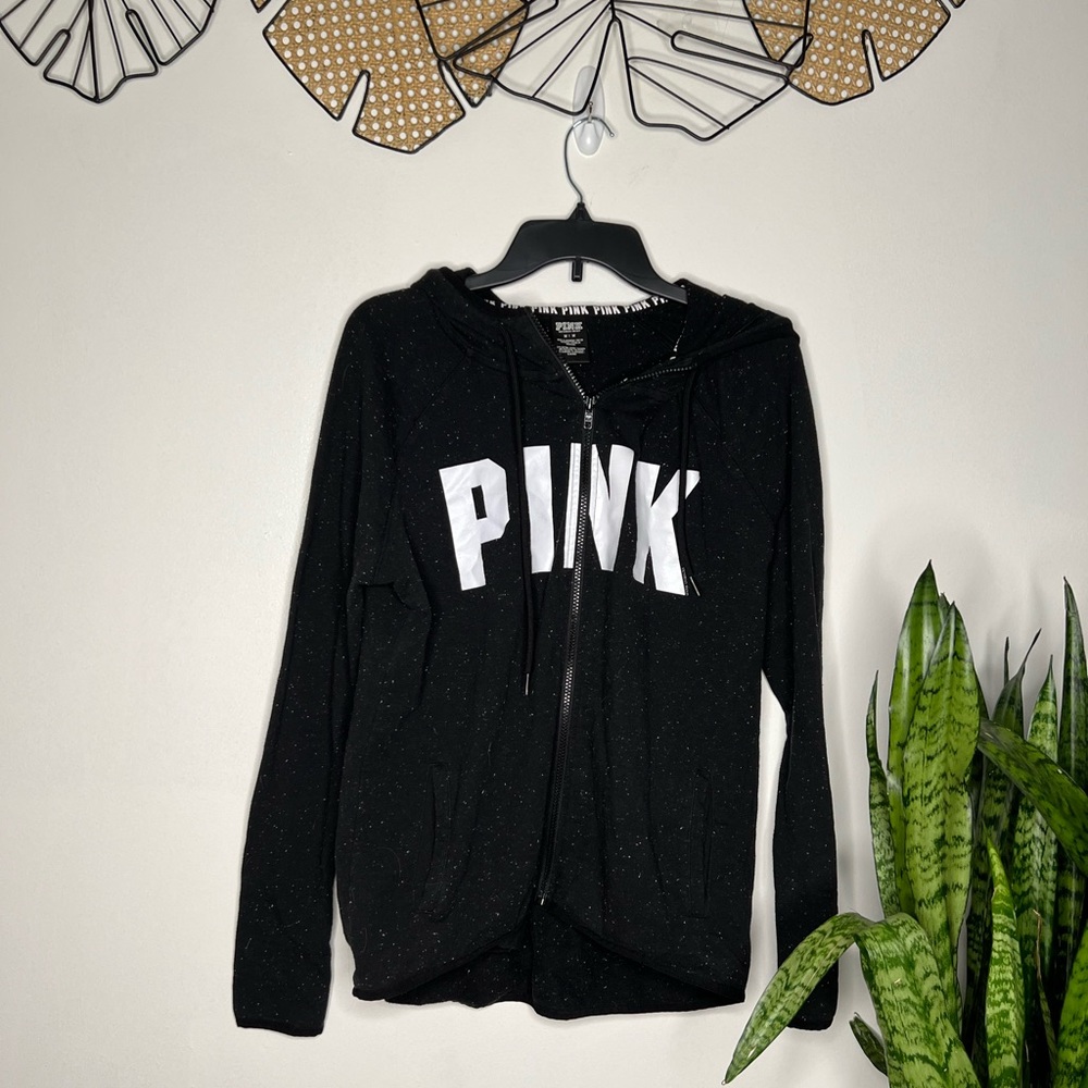 Pink brand, black zip up jacket with hood